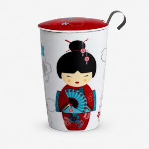 PORCELAIN TEA MUG WITH STRAINER- LITTLE GEISHA RED